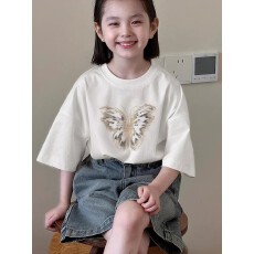 批发纯棉女童洋气短袖T恤夏装新款百搭圆领印花休闲百搭上衣