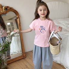纯棉女童洋气短袖T恤夏装新款百搭圆领印花休闲百搭上衣