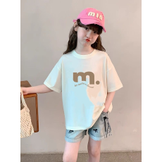 批发纯棉女童洋气短袖T恤夏装新款百搭圆领印花休闲百搭上衣