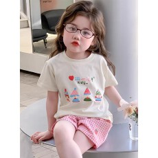 批发纯棉女童洋气短袖T恤夏装新款百搭圆领印花休闲百搭上衣