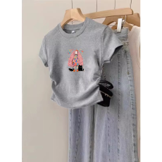 批发1*1纯棉高弹力女童短袖t恤<b class='q'>夏</b>季新款抽褶短款收腰百搭洋气T恤