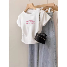 批发1*1纯棉高弹力女童短袖t恤<b class='q'>夏</b>季新款抽褶短款收腰百搭洋气T恤