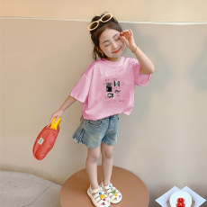 批发纯棉女童洋气短袖T恤<b class='q'>夏</b>装新款百搭圆领印花休闲百搭上衣