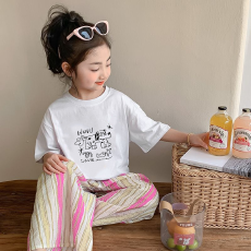 批发纯棉女童洋气短袖T恤<b class='q'>夏</b>装新款百搭圆领印花休闲百搭上衣