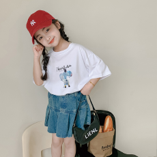 批发纯棉女童洋气短袖T恤<b class='q'>夏</b>装新款百搭圆领印花休闲百搭上衣