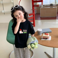 批发纯棉女童洋气短袖T恤<b class='q'>夏</b>装新款百搭圆领印花休闲百搭上衣