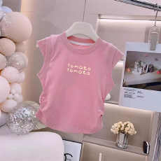 1*1纯棉高弹力女童夏季背心新款褶皱收腰小飞袖中大童上衣T恤