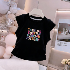 1*1纯棉高弹力女童夏季背心新款褶皱收腰小飞袖中大童上衣T恤