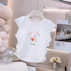 1*1纯棉高弹力女童夏季背心新款褶皱收腰小飞袖中大童上衣T恤