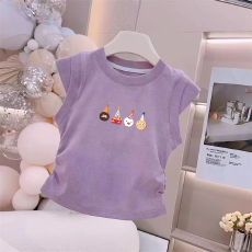 1*1纯棉高弹力女童夏季背心新款褶皱收腰小飞袖中大童上衣T恤