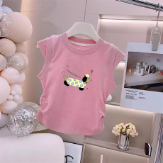 1*1纯棉高弹力女童夏季背心新款褶皱收腰小飞袖中大童上衣T恤