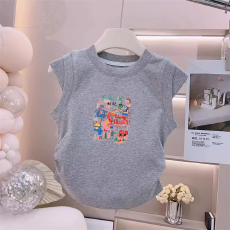 1*1纯棉高弹力女童夏季背心新款褶皱收腰小飞袖中大童上衣T恤