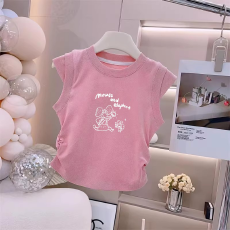 批发1*1纯棉高弹力<b class='q'>女</b><b class='q'>童</b><b class='q'>夏季</b><b class='q'>背心</b><b class='q'>新款</b>褶皱收腰小飞袖中<b class='q'>大</b><b class='q'>童</b>上衣T恤