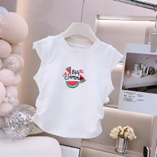 批发1*1纯棉高弹力<b class='q'>女</b><b class='q'>童</b><b class='q'>夏季</b><b class='q'>背心</b><b class='q'>新款</b>褶皱收腰小飞袖中<b class='q'>大</b><b class='q'>童</b>上衣T恤