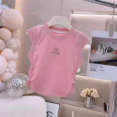 批发1*1纯棉高弹力<b class='q'>女</b><b class='q'>童</b><b class='q'>夏季</b><b class='q'>背心</b><b class='q'>新款</b>褶皱收腰小飞袖中<b class='q'>大</b><b class='q'>童</b>上衣T恤