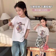 批发纯棉<b class='q'>女</b><b class='q'>童</b>洋气短袖T恤夏装<b class='q'>新款</b>百搭圆领印花休闲百搭上衣