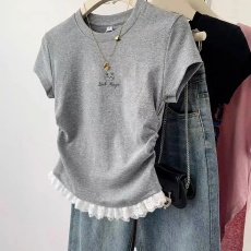 批发1*1纯棉高弹力<b class='q'>女</b><b class='q'>童</b>蕾丝花边短袖t恤夏季<b class='q'>新款</b>儿童褶皱收腰T恤