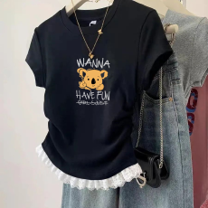 批发1*1纯棉高弹力<b class='q'>女</b><b class='q'>童</b>蕾丝花边短袖t恤夏季<b class='q'>新款</b>儿童褶皱收腰T恤