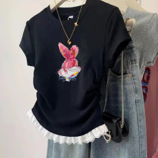 批发1*1纯棉高弹力<b class='q'>女</b><b class='q'>童</b>蕾丝花边短袖t恤夏季<b class='q'>新款</b>儿童褶皱收腰T恤