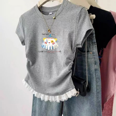 批发1*1纯棉高弹力<b class='q'>女</b><b class='q'>童</b>蕾丝花边短袖t恤夏季<b class='q'>新款</b>儿童褶皱收腰T恤