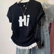 批发1*1纯棉高弹力<b class='q'>女</b><b class='q'>童</b>蕾丝花边短袖t恤夏季<b class='q'>新款</b>儿童褶皱收腰T恤