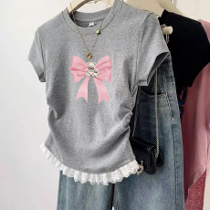 批发1*1纯棉高弹力<b class='q'>女</b><b class='q'>童</b>蕾丝花边短袖t恤夏季<b class='q'>新款</b>儿童褶皱收腰T恤