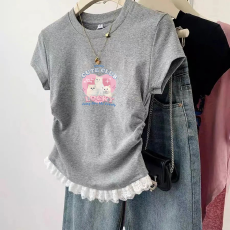 批发1*1纯棉高弹力<b class='q'>女</b><b class='q'>童</b>蕾丝花边短袖t恤夏季<b class='q'>新款</b>儿童褶皱收腰T恤