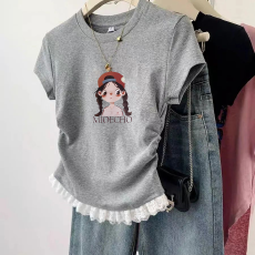 批发1*1纯棉高弹力<b class='q'>女</b><b class='q'>童</b>蕾丝花边短袖t恤夏季<b class='q'>新款</b>儿童褶皱收腰T恤