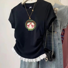 批发1*1纯棉高弹力<b class='q'>女</b><b class='q'>童</b>蕾丝花边短袖t恤夏季<b class='q'>新款</b>儿童褶皱收腰T恤