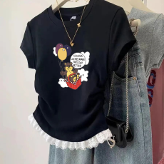 批发1*1纯棉高弹力<b class='q'>女</b><b class='q'>童</b>蕾丝花边短袖t恤夏季<b class='q'>新款</b>儿童褶皱收腰T恤