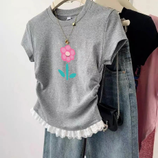 批发1*1纯棉高弹力<b class='q'>女</b><b class='q'>童</b>蕾丝花边短袖t恤夏季<b class='q'>新款</b>儿童褶皱收腰T恤