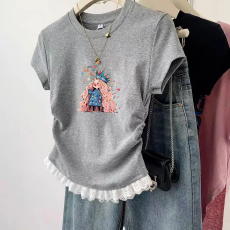 批发1*1纯棉高弹力<b class='q'>女</b><b class='q'>童</b>蕾丝花边短袖t恤夏季<b class='q'>新款</b>儿童褶皱收腰T恤