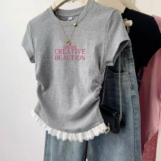 批发1*1纯棉高弹力<b class='q'>女</b><b class='q'>童</b>蕾丝花边短袖t恤夏季<b class='q'>新款</b>儿童褶皱收腰T恤