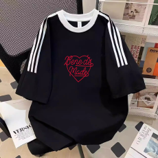 批发纯棉夏季新款中大童<b class='q'>女童</b>短<b class='q'>袖</b><b class='q'>T</b><b class='q'>恤</b>印花休闲圆领三条杠上衣