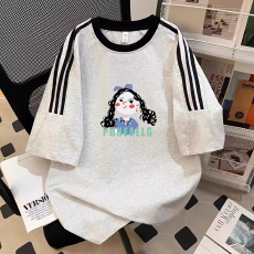 批发纯棉夏季新款中大童<b class='q'>女童</b>短<b class='q'>袖</b><b class='q'>T</b><b class='q'>恤</b>印花休闲圆领三条杠上衣