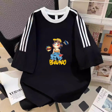 批发纯棉夏季新款中大童<b class='q'>女童</b>短<b class='q'>袖</b><b class='q'>T</b><b class='q'>恤</b>印花休闲圆领三条杠上衣