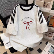 批发纯棉夏季新款中大童<b class='q'>女童</b>短<b class='q'>袖</b><b class='q'>T</b><b class='q'>恤</b>印花休闲圆领三条杠上衣