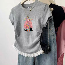 批发1*1纯棉高弹力<b class='q'>女童</b>蕾丝<b class='q'>花边</b>短袖<b class='q'>t</b><b class='q'>恤</b>夏季新款儿童褶皱收腰<b class='q'>T</b><b class='q'>恤</b>