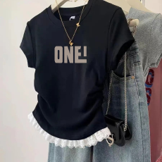 批发1*1纯棉高弹力<b class='q'>女童</b>蕾丝<b class='q'>花边</b>短袖<b class='q'>t</b><b class='q'>恤</b>夏季新款儿童褶皱收腰<b class='q'>T</b><b class='q'>恤</b>