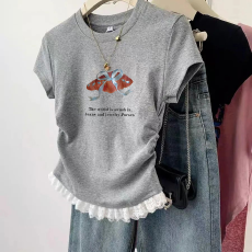 批发1*1纯棉高弹力<b class='q'>女童</b>蕾丝<b class='q'>花边</b>短袖<b class='q'>t</b><b class='q'>恤</b>夏季新款儿童褶皱收腰<b class='q'>T</b><b class='q'>恤</b>