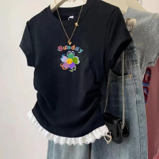 批发1*1纯棉高弹力<b class='q'>女童</b>蕾丝<b class='q'>花边</b>短袖<b class='q'>t</b><b class='q'>恤</b>夏季新款儿童褶皱收腰<b class='q'>T</b><b class='q'>恤</b>