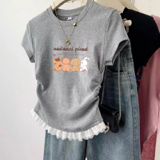 批发1*1纯棉高弹力<b class='q'>女童</b>蕾丝<b class='q'>花边</b>短袖<b class='q'>t</b><b class='q'>恤</b>夏季新款儿童褶皱收腰<b class='q'>T</b><b class='q'>恤</b>