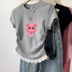 批发1*1纯棉高弹力<b class='q'>女童</b>蕾丝<b class='q'>花边</b>短袖<b class='q'>t</b><b class='q'>恤</b>夏季新款儿童褶皱收腰<b class='q'>T</b><b class='q'>恤</b>