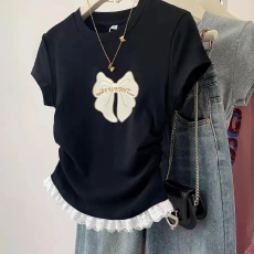 批发1*1纯棉高弹力<b class='q'>女童</b>蕾丝<b class='q'>花边</b>短袖<b class='q'>t</b><b class='q'>恤</b>夏季新款儿童褶皱收腰<b class='q'>T</b><b class='q'>恤</b>