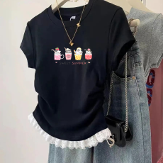 批发1*1纯棉高弹力<b class='q'>女童</b>蕾丝<b class='q'>花边</b>短袖<b class='q'>t</b><b class='q'>恤</b>夏季新款儿童褶皱收腰<b class='q'>T</b><b class='q'>恤</b>