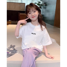 纯棉女童洋气短袖T恤夏装新款百搭圆领印花休闲百搭上衣