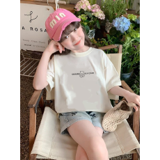纯棉女童洋气短袖T恤夏装新款百搭圆领印花休闲百搭上衣
