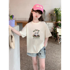 纯棉女童洋气短袖T恤夏装新款百搭圆领印花休闲百搭上衣