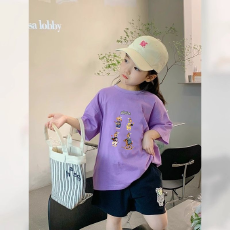 纯棉女童洋气短袖T恤夏装新款百搭圆领印花休闲百搭上衣