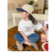 纯棉女童洋气短袖T恤夏装新款百搭圆领印花休闲百搭上衣